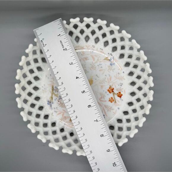 Vtg. Milk Glass Painted Floral Bowl Basket weave Lattice Fruit Compote Open Lace - Picture 3 of 13